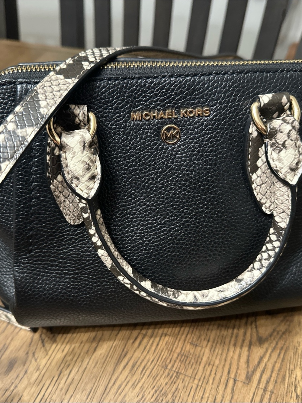 Michael Kors Sienna Black Satchel messenger crossbody with Snake-Print Trim Gold